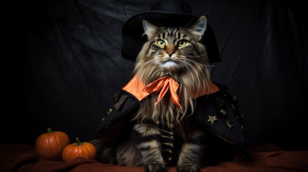 Halloween cat in wizard costume and hat wide web banner. Funny Halloween Witch Themed cat with orange eyes in a witchs hat on a dark background.の素材