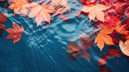 Autumn natural background, web banner. Top view of autumn bright yellow orange red fallen maple leaves in blue water. Autumn mood atmosphere nature background.の素材