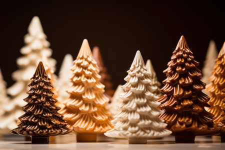 Eco-friendly brown clay ceramic earthy tones alternative Christmas tree. Natural materials brown decorative small clay xmas trees background.の素材