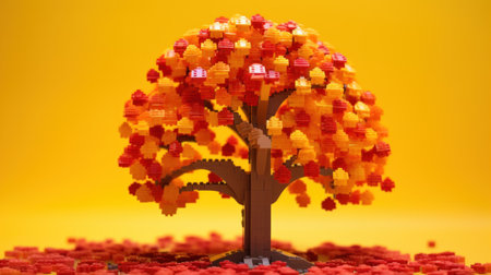 Autumn tree made of plastic construction blocks on yellow web banner. Toy trees made of childrens blocks on a yellow background.の素材