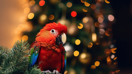 Red ara parrot, Scarlet Macaw parrot near Christmas tree. Christmas holidays for feathery companion.の素材