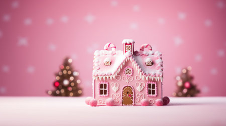 Homemade Pink Christmas Gingerbread House. Christmas house made from ginger cookies decorated in Christmas spirit with tree in background.の素材