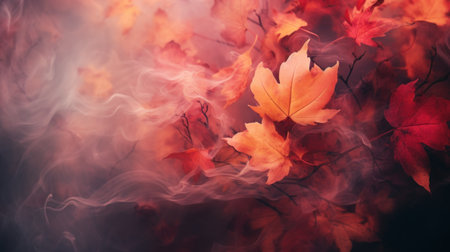 Autumn background, web design banner with red autumn leaves and color smoke. Autumn mood flame flow mystic atmosphere nature background.の素材