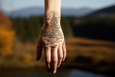 Autumn tattoo ideas. Hand with thin line monochrome tattoo of autumn landscape background.の素材