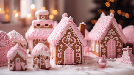 Homemade Pink Christmas Gingerbread House. Christmas house made from ginger cookies decorated in Christmas spirit with tree in background.の素材