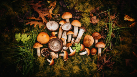 Mushroom hunting, mushrooming, mushroom picking, mushroom foraging, activity of gathering mushrooms in the wild nature. Top view of many of edible mushrooms in grass in forestの素材