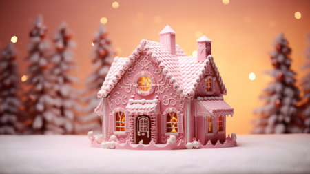 Homemade Pink Christmas Gingerbread House. Christmas house made from ginger cookies decorated in Christmas spirit with tree in background.の素材