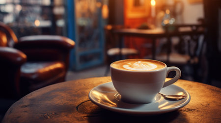 International Coffee Day, October 1st background. Hot espresso on the brown wooden desk. Close up white coffee cup with heart shape latte art on wooden table.の素材