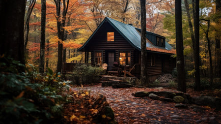 Cozy Autumn Retreats, inviting relaxation and mindfulness. Nature Retreats. Picturesque cabins, cottages in autumn forest, showcasing the beauty of autumn landscapesの素材