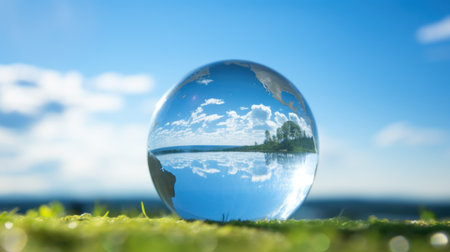 International Day for the Preservation of the Ozone Layer. World Ozone Day. Ozone layer protection. Crystal ball hyper-realistic earth on blue sky background.の素材