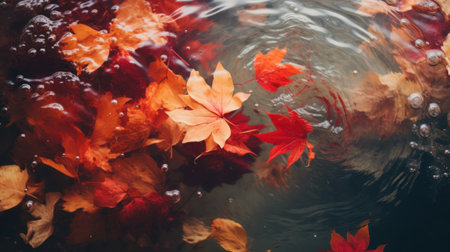 Autumn rain season concept. Leaves floating on water, rain droplets circles in puddle. Rainy day with autumn leaves in puddles.の素材