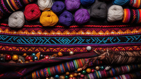 Ethnic knitted woven wool yarn Indigenous Knitting Pattern and colorful wool yarn threads background. Knitting geometric multicolor texture pattern.の素材