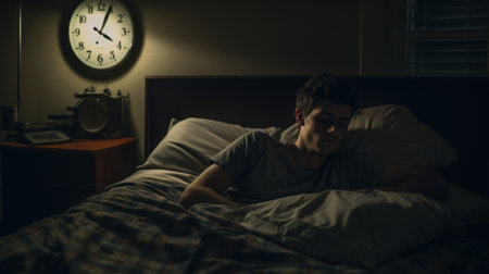 Cognitive behavioral therapy for insomnia. Depressed young man in bed can't sleep from insomnia. Sleepless man lying in bed at home.の素材