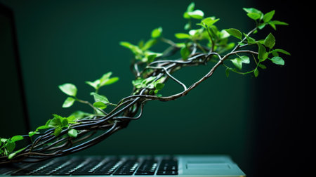 Green computing, sustainable computing, maximize energy efficiency and minimize environmental impact. Green IT, information technology. Green plant growing from laptop computer.の素材