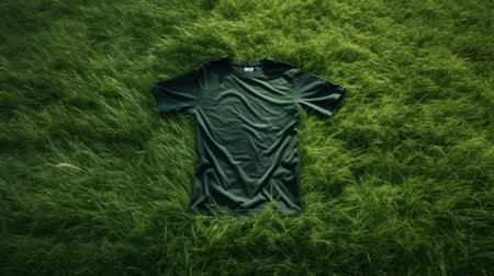 Organic green t-shirt clothes, Eco textile. Organic cotton green t-shirts lying on the green grass lawn nature background.の素材
