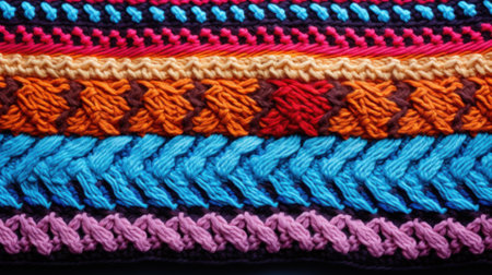 Ethnic knitted woven wool yarn Indigenous Knitting Pattern background. Knitting geometric multicolor texture pattern.の素材