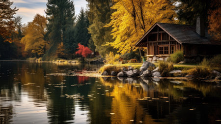 Cozy cabins, cottages near autumn forest and lake. Cozy Autumn Retreats, relaxation and mindfulness fall holidays. Nature Retreats. Picturesque cabins, cottages in autumn forest in autumn landscapesの素材