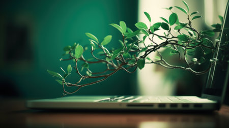 Green computing, sustainable computing, maximize energy efficiency and minimize environmental impact. Green IT, information technology. Green plant growing from laptop computer.の素材