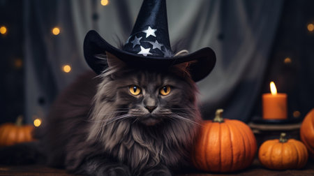 Halloween cat costume web banner. Cute cat with orange eyes in a witch's hat on a dark background with pumpkins.の素材