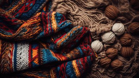 Ethnic knitted woven wool yarn Indigenous Knitting Pattern and colorful wool yarn threads background. Knitting geometric multicolor texture pattern.の素材