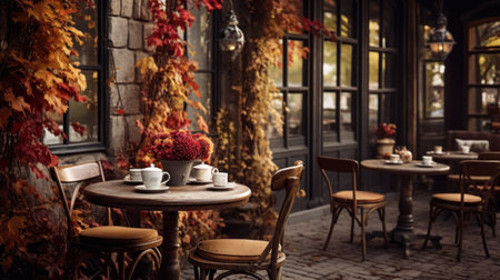 Autumn fall charming coffee shop or cafe with steaming cups of coffee and autumn decor, cozy autumn welcoming atmosphere. Warm Beverages, hot drinks Cups of steaming coffee on cafe table outdoor.の素材