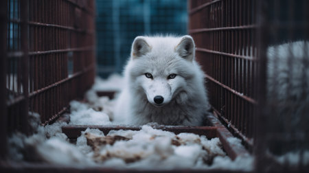 Fur Farming, Animal Welfare Problems. Caged Arctic fox in Fur farm. Fur farming banned in the European Union.の素材