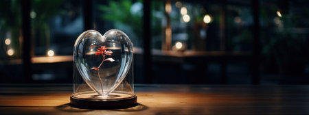 Health insurance concept with red heart under the glass cover. Healthcare, finance and medical service. Fragile crystal heart as a symbol of life under insurance protection.の素材