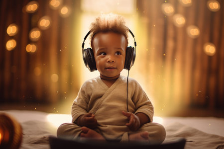 Sound Therapy Healing Music for Babies, Children for Relaxation and Sleep. African American black Baby in Headphones Listening to Music or sounds on colorful background.の素材
