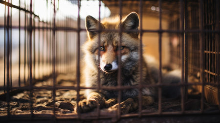 Fur Farming, Animal Welfare Problems. Caged silver fox in Fur farm. Fur farming banned in the European Union.の素材