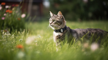 Pet Trackers and GPS cat Collars. Cat with tracking collar in the forest. Pet location and activity tracking, wearable trackers and collars can help make sure dog or cat safe and healthyの素材