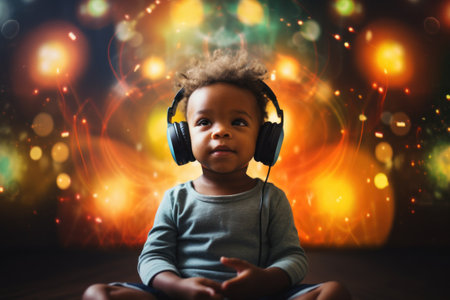 Sound Therapy Healing Music for Babies, Children for Relaxation and Sleep. African American black Baby in Headphones Listening to Music or sounds on colorful background.の素材