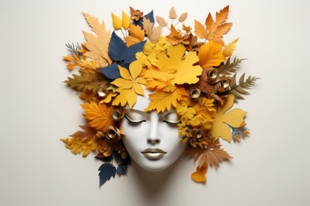 3D Autumn Fall Portrait Beauty fantasy woman face with yellow leaves and flowers. Art woman face flat lay in Autumn floral composition. Beauty salon, studio, make up concept.の素材