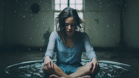 Mental illness, mental health disorders, Depression, anxiety concept with alone sad woman sitting in the rain in cloudy gloomy day.の素材