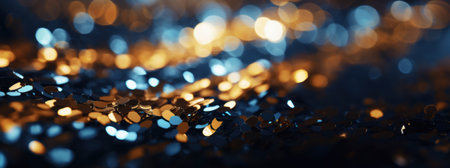 Christmas holidays blue and gold festive background with shine glitter. Christmas New year winter holidays blue Background with Golden Glitter bokeh selective focus.の素材