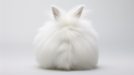 Back view of white bunny rabbit trend minimal background, web banner. Cute fluffy baby rabbit sits backwards on light background.の素材