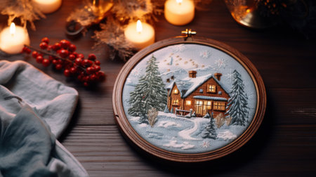 Winter cozy hobbies. Embroidery in a round hoop with a winter pattern and accessories for embroidery. Making Christmas gifts. The process of hand embroidery with a long stitch on a winter themeの素材