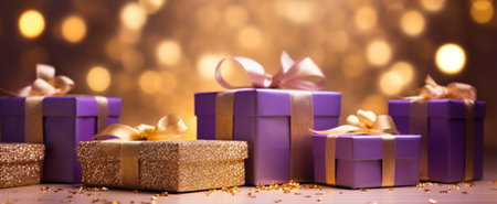 Violet purple and gold gift boxes on bokeh blurred festive lights background. Violet and golden gift boxes wide celebration web banner.の素材