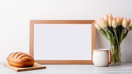 Kitchen Picture frame mockup, Modern composition on the kitchen interior with wooden mock up photo frame, bread, cup and kitchen accessories in stylish home decorの素材