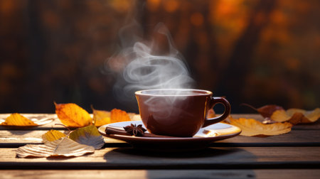 Cup of drink tea or coffee with steam on the window sill. Homemade Drinks That Make You Feel Warm and Cozy. Winter autumn cold seasonの素材