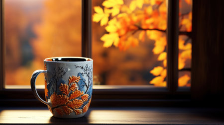 Cup of drink tea or coffee with steam on the window sill with background copy space. Homemade Drinks That Make You Feel Warm and Cozy. Winter autumn cold seasonの素材