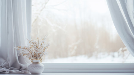 Winter Window empty mockup with view of snow trees landscape. White Window looking on snow covered trees in winter.の素材