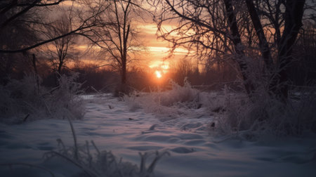 Winter solstice in snowy forest or park natural scene. Hibernal solstice. Sparkling snow in the snowy forest and low sun. Winter solstice half of Earth is tilted the farthest away from the sun.の素材