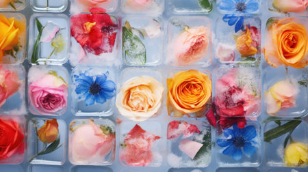 Many frozen flowers in ice background. Frozen fresh beautiful rose flower in the ice. Thawing flower. Frozen Floral backgroundの素材