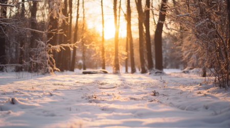 Winter solstice in snowy forest or park natural scene. Hibernal solstice. Sparkling snow in the snowy forest and low sun. Winter solstice half of Earth is tilted the farthest away from the sun.の素材