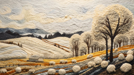 Embroidered winter snowy landscape. White Winter nature landscape wool embroidery. Landscape Embroidery Like a Painting Forest nature. Embroidered winter gardens and landscapes.の素材