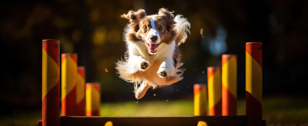 Dog agility equipment. Dog agility slalom, sports competitions of dogs. Dog agility training equipment. Happy dog runs and jumps on agility field.の素材