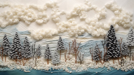 Embroidered winter snowy landscape. White Winter nature landscape wool embroidery. Landscape Embroidery Like a Painting Forest nature. Embroidered winter gardens and landscapes.の素材