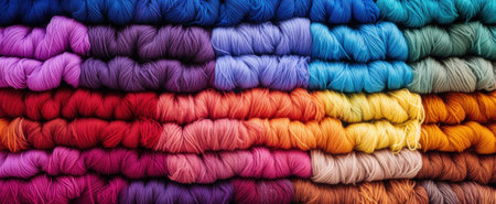 Bright yarn threads for knitting and crocheting background. Multicolored Balls of thread for needlework. Wool skins. Various colors yarn on web banner.の素材
