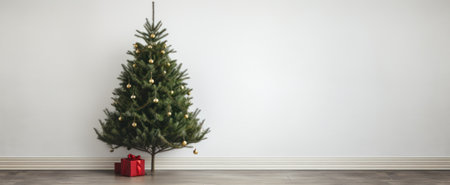 Minimal natural Christmas background with one Sparsely Decorated minimal Christmas Tree with natural decorations. One Minimal Christmas tree in empty white room.の素材