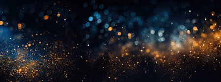 Christmas Holiday Gold blue lights glitter abstract background. New year golden navy abstract bokeh shine texture. Glittering bokeh circular gold on blue background.の素材